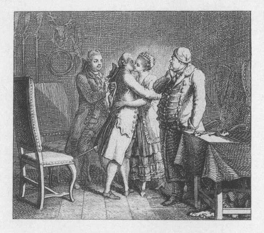 Daniel Chodowiecki, „Werter obejmuje Lottę" (XVIII w.) — scena z powieści Goethego, prototyp bohatera werterycznego · źródło: Daniel Chodowiecki, Wikimedia Commons, domena publiczna