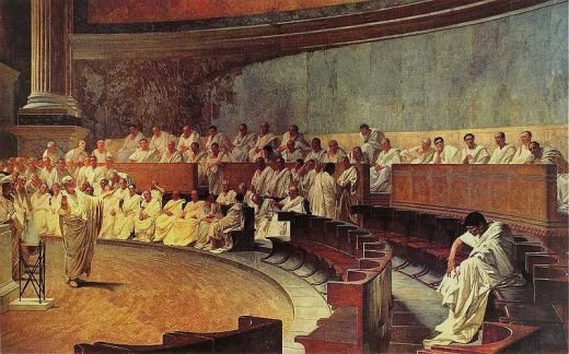 Fresk „Cyceron oskarża Katylinę” — Cyceron wygłaszający mowę przeciw Katylinie w senacie rzymskim, klasyczny przykład etosu i patosu mówcy · źródło: Cesare Maccari, Wikimedia Commons, domena publiczna