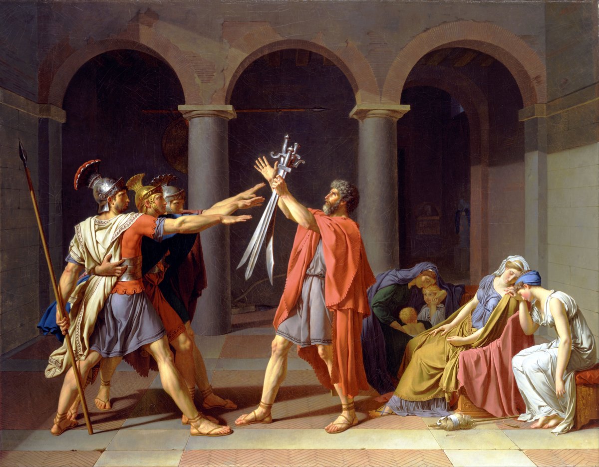 „Przysięga Horacjuszy” — wzorcowe dzieło klasycyzmu: surowy rysunek, antyczny temat i kult obywatelskiego obowiązku · źródło: Jacques-Louis David, Wikimedia Commons, domena publiczna