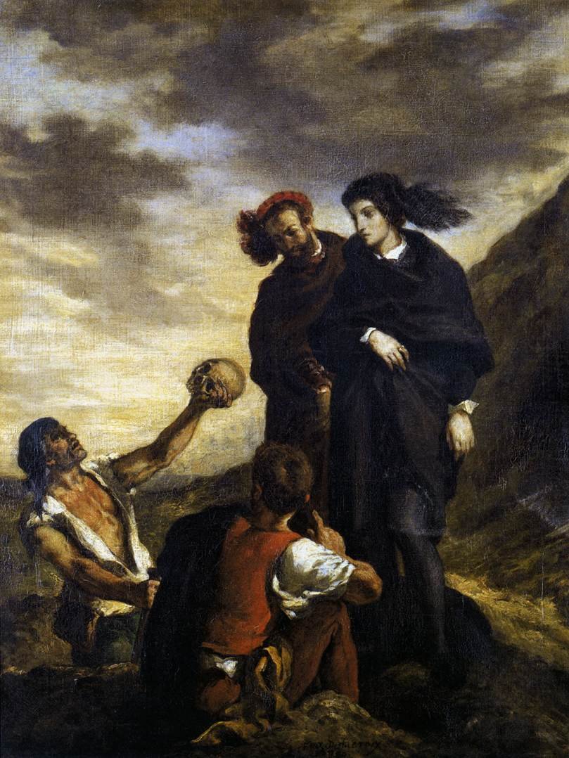 Eugène Delacroix „Hamlet i Horacy na cmentarzu” (1839) — słynna scena z czaszką Yoricka · źródło: Eugène Delacroix, Wikimedia Commons, domena publiczna