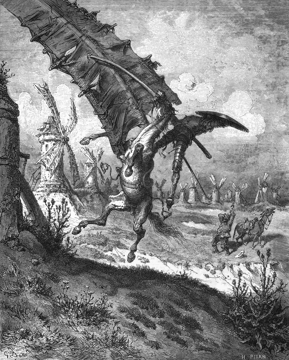 Don Kichot walczący z wiatrakami — ilustracja Gustave’a Doré (1863) · źródło: Gustave Doré, Wikimedia Commons, domena publiczna