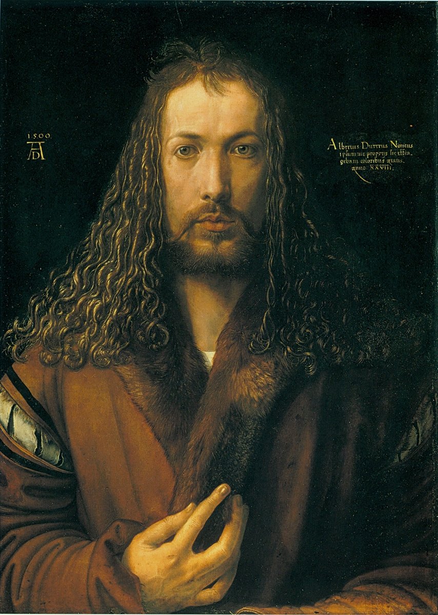 Albrecht Dürer, autoportret w futrze (1500) — humanistyczne dowartościowanie jednostki i artysty · źródło: Albrecht Dürer, Wikimedia Commons, domena publiczna