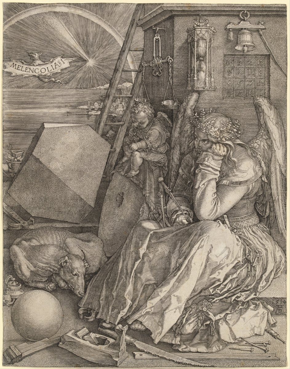 Albrecht Dürer, „Melencolia I” (1514) — miedzioryt zestawiany w lekcji ze „Zbrodnią i karą” wokół pytania o cenę ludzkiej wyjątkowości · źródło: Albrecht Dürer, Wikimedia Commons, domena publiczna