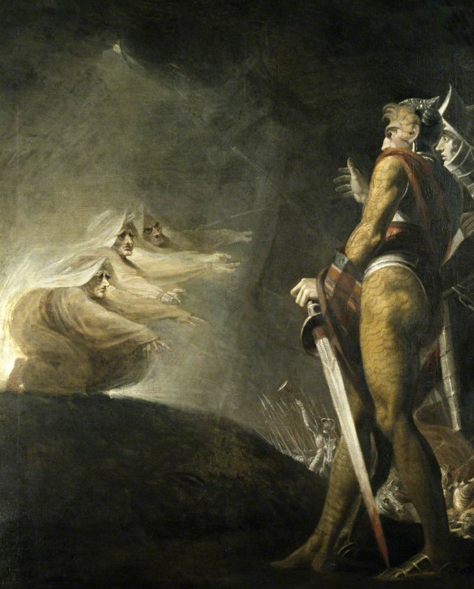 Henry Fuseli „Makbet, Banquo i wiedźmy” (akt I, sc. 3) — scena z czarownicami · źródło: Henry Fuseli, Wikimedia Commons, domena publiczna