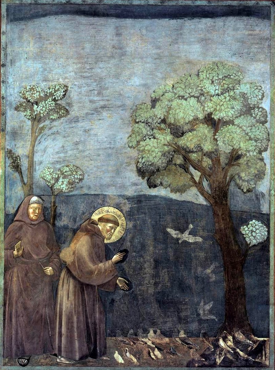 „Kazanie do ptaków” Giotta — św. Franciszek i braterstwo stworzeń, fresk z bazyliki w Asyżu · źródło: Giotto di Bondone, Wikimedia Commons, domena publiczna