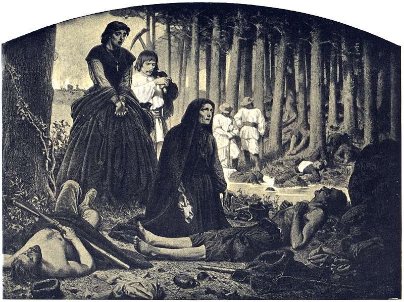 Artur Grottger „Na pobojowisku” z cyklu „Polonia” (1863) — ciała poległych powstańców na polu, plastyczny odpowiednik demitologizacji heroizmu u Żeromskiego · źródło: Artur Grottger, Wikimedia Commons, domena publiczna