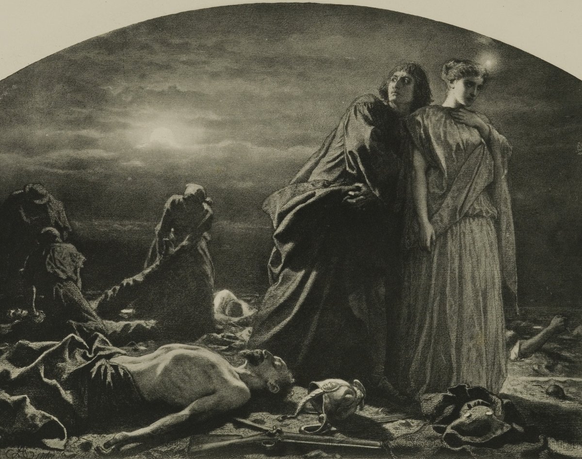 Artur Grottger, „Wojna — Ludzie czy szakale?" (1866–1867) — wizja zniszczenia i katastrofy, bliska katastrofizmowi Krasińskiego · źródło: Artur Grottger, Wikimedia Commons, domena publiczna