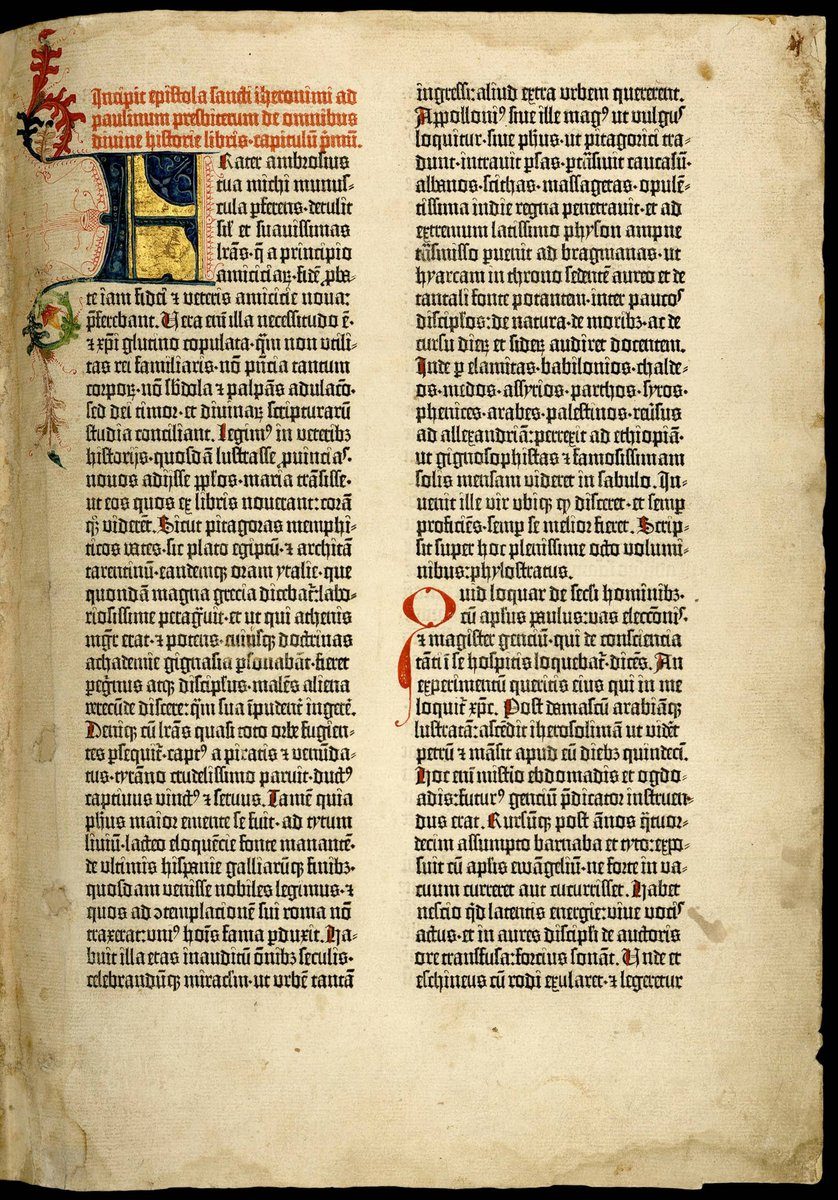 Karta Biblii Gutenberga (ok. 1455): pierwsza drukowana książka Europy; Biblia to fundament kultury i jeden z najważniejszych tekstów źródłowych. · źródło: Johannes Gutenberg (skan), Wikimedia Commons, domena publiczna