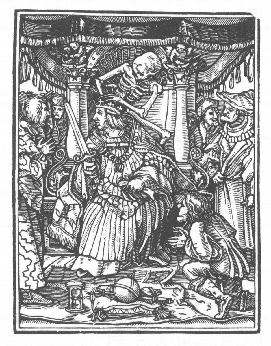 „Cesarz” z cyklu „Taniec śmierci” Hansa Holbeina mł. — Śmierć zabiera władcę, bo zrównuje wszystkie stany · źródło: Hans Holbein młodszy, Wikimedia Commons, domena publiczna