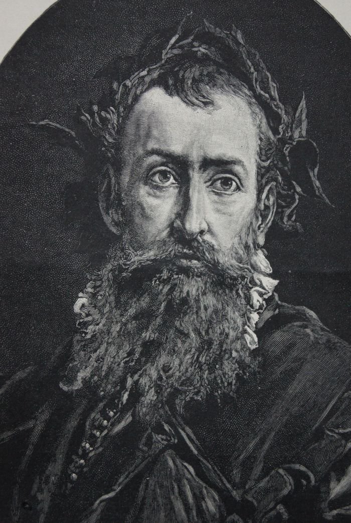 Drzeworyt Józefa Holewińskiego wg Jana Matejki — portret Jana Kochanowskiego, twórcy „Trenów" · źródło: Józef Holewiński wg Jana Matejki, Wikimedia Commons, domena publiczna