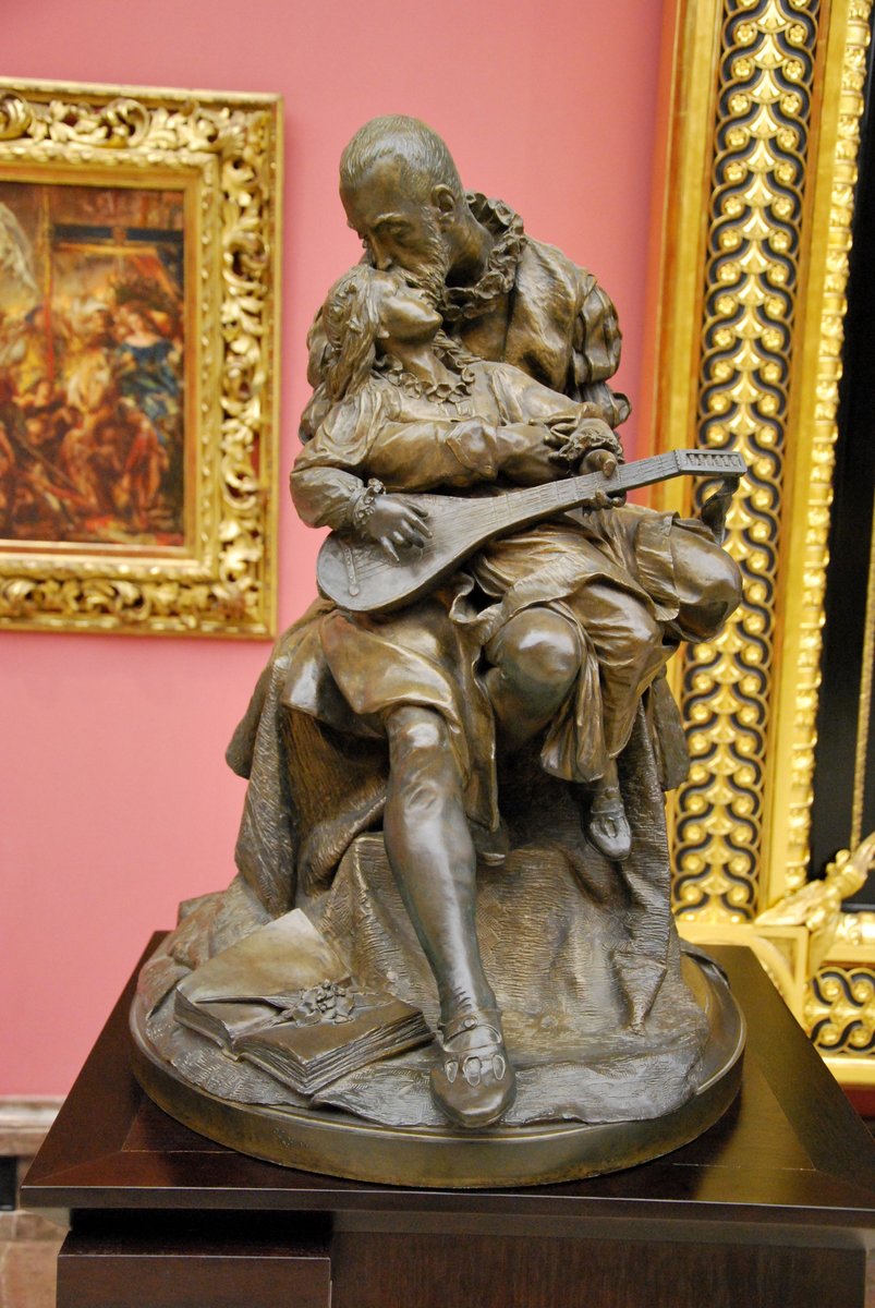 Rzeźba Zygmunta Trembeckiego „Jan Kochanowski z Urszulką" — obraz ojcowskiej żałoby, która stoi za „Trenami" · źródło: Zorro2212 (fot. rzeźby), Wikimedia Commons, CC BY-SA 3.0