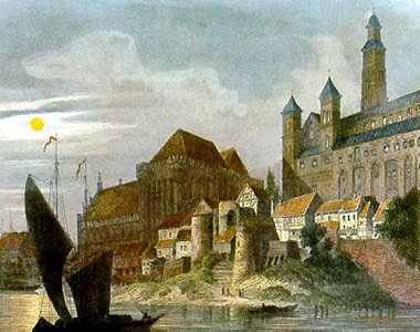 Domenico Quaglio, staloryt zamku krzyżackiego w Malborku (1834) — siedziba Zakonu, historyczny kostium „Konrada Wallenroda" · źródło: Domenico Quaglio, Wikimedia Commons, domena publiczna