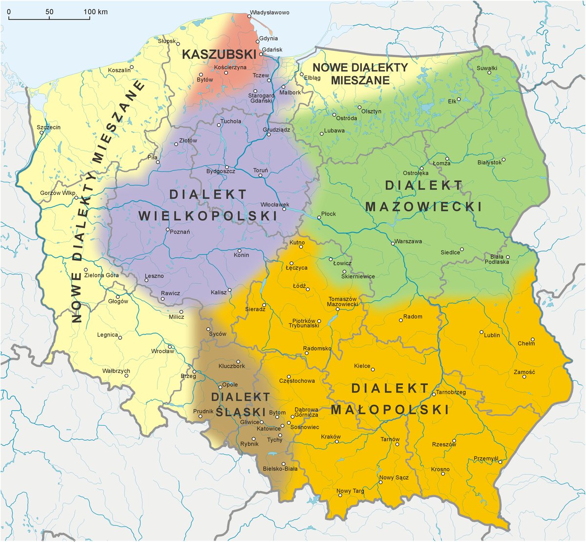 Mapa dialektów i gwar języka polskiego według klasyfikacji Stanisława Urbańczyka (dialekt wielkopolski, małopolski, mazowiecki, śląski, kresowy) — podstawa dialektyzacji · źródło: Aotearoa, Wikimedia Commons, CC BY-SA 3.0