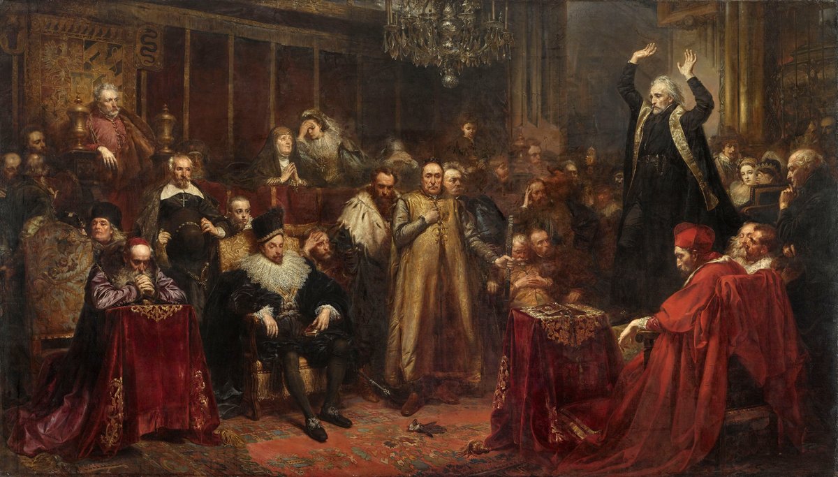 Obraz „Kazanie Skargi” — Piotr Skarga wygłaszający płomienne kazanie sejmowe przed królem i szlachtą, polska tradycja mowy publicznej · źródło: Jan Matejko, Wikimedia Commons, domena publiczna