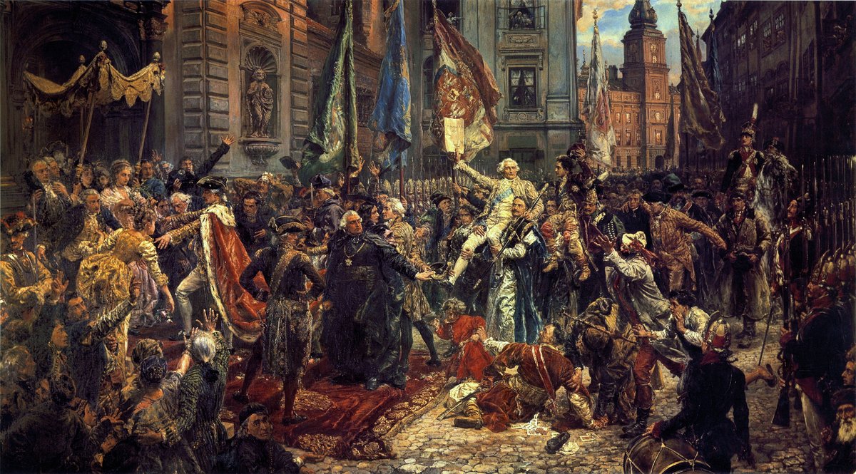 „Konstytucja 3 maja 1791” Matejki — uchwalenie ustawy zasadniczej jako tekstu kultury i symbolu reform oświeceniowych · źródło: Jan Matejko, Wikimedia Commons, domena publiczna