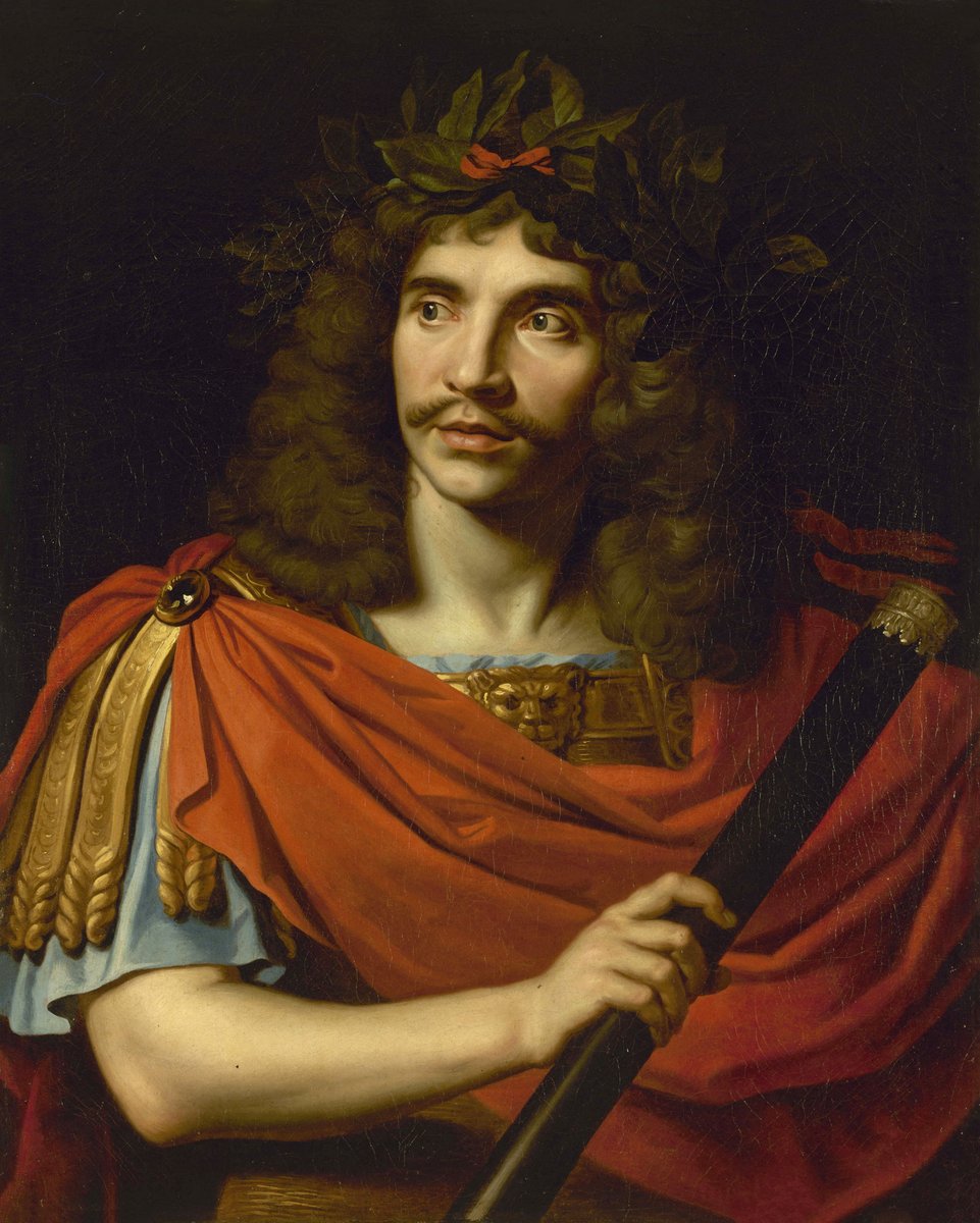Molier (Jean-Baptiste Poquelin) w stroju antycznym — twórca komedii klasycystycznej „Skąpiec" i „Świętoszek" · źródło: Nicolas Mignard, Wikimedia Commons, domena publiczna