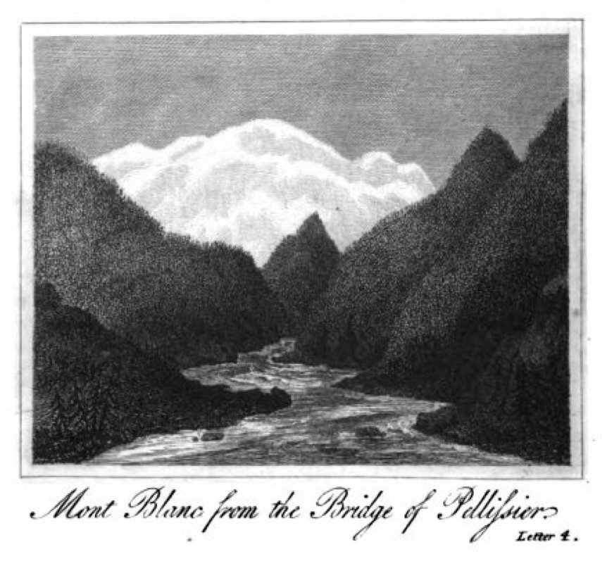 Mont Blanc widziany z mostu Pellissier (rycina, 1827) — alpejski szczyt, miejsce kulminacyjnego monologu Kordiana · źródło: W. Seymour Rose, Wikimedia Commons, domena publiczna