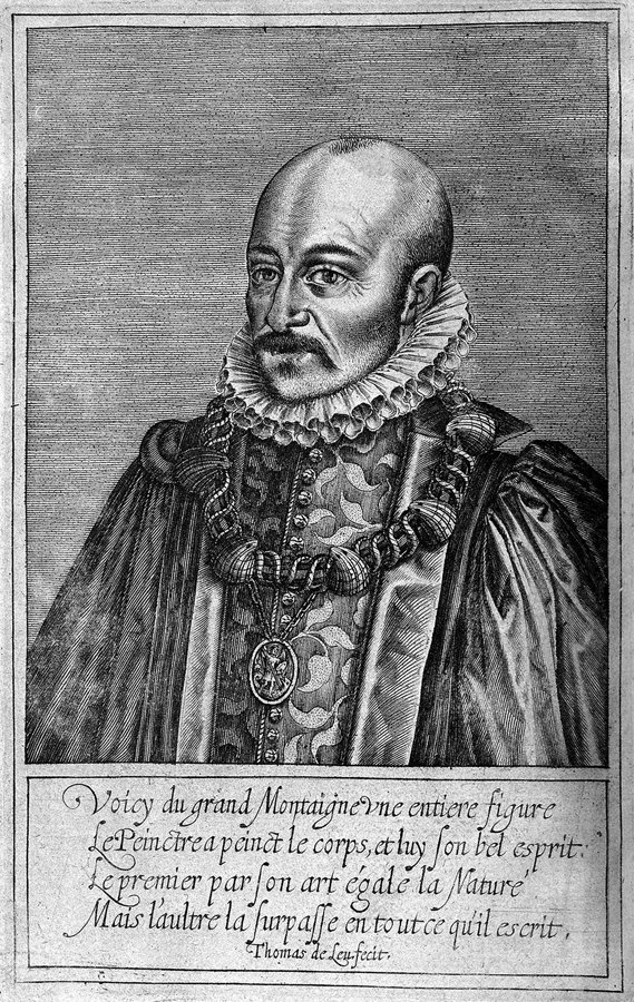 Portret Michela de Montaigne z edycji „Prób” (1608) — twórcy nowożytnego eseju · źródło: Thomas de Leu, Wikimedia Commons, CC BY-SA 3.0