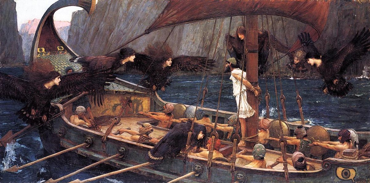Odyseusz i syreny (J.W. Waterhouse, 1891): scena z „Odysei” — powrót do domu (nostos) wiedzie przez próby i pokusy. · źródło: John William Waterhouse, Wikimedia Commons, domena publiczna
