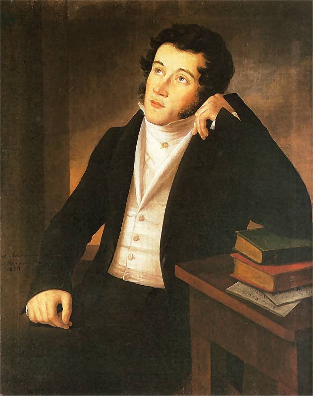 Józef Oleszkiewicz, portret Adama Mickiewicza (1828) — wizerunek poety w okresie dojrzałości · źródło: Józef Oleszkiewicz, Wikimedia Commons, domena publiczna