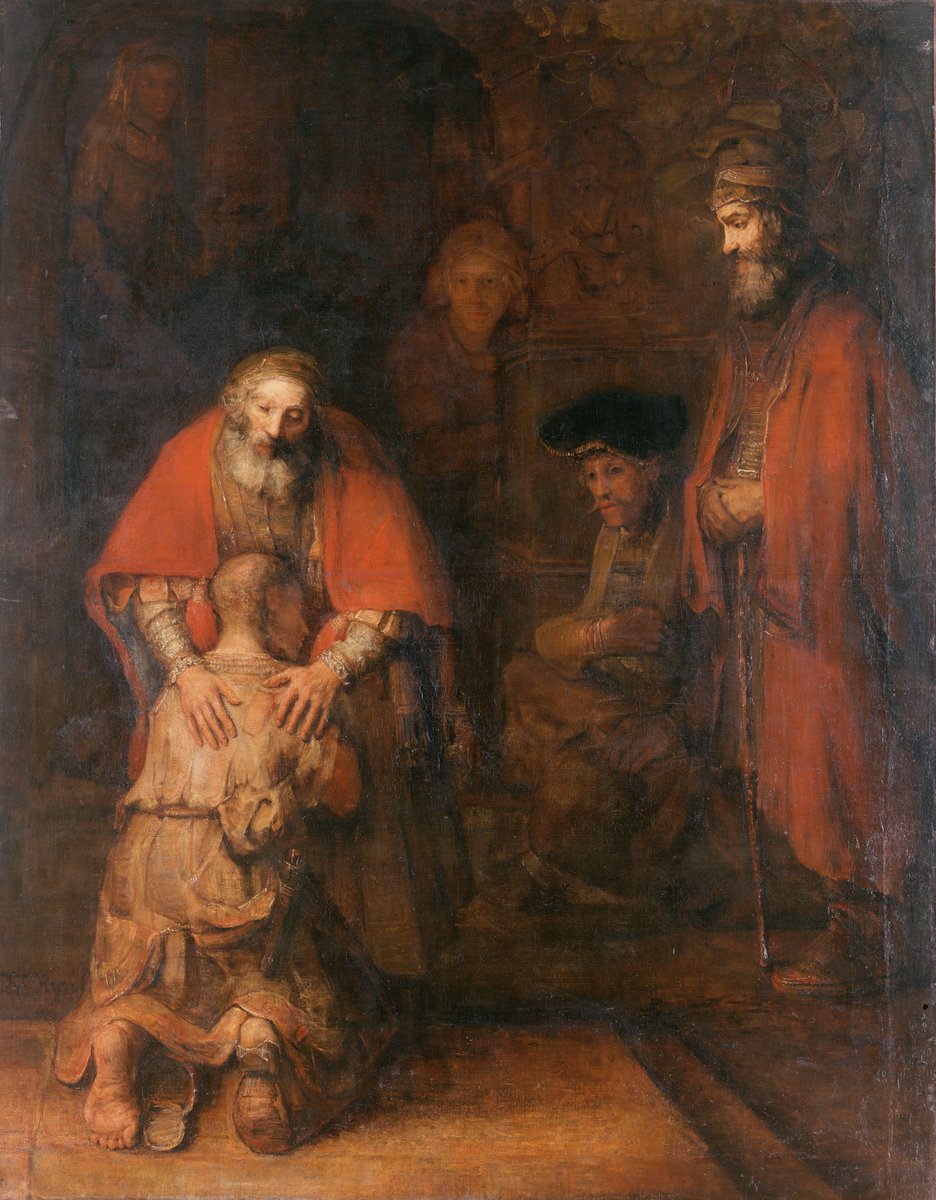 Powrót syna marnotrawnego (Rembrandt, ok. 1668): malarska interpretacja przypowieści — tekst czytany dwupoziomowo: dosłownie i alegorycznie. · źródło: Rembrandt, Wikimedia Commons, domena publiczna