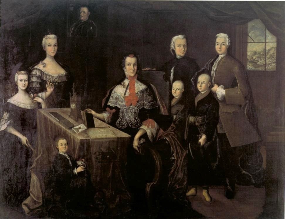 Rodzina Krasickich z Dubiecka (1753) — wśród dzieci młody Ignacy, późniejszy mistrz oświeceniowej satyry · źródło: Augustyn Mirys, Wikimedia Commons, domena publiczna