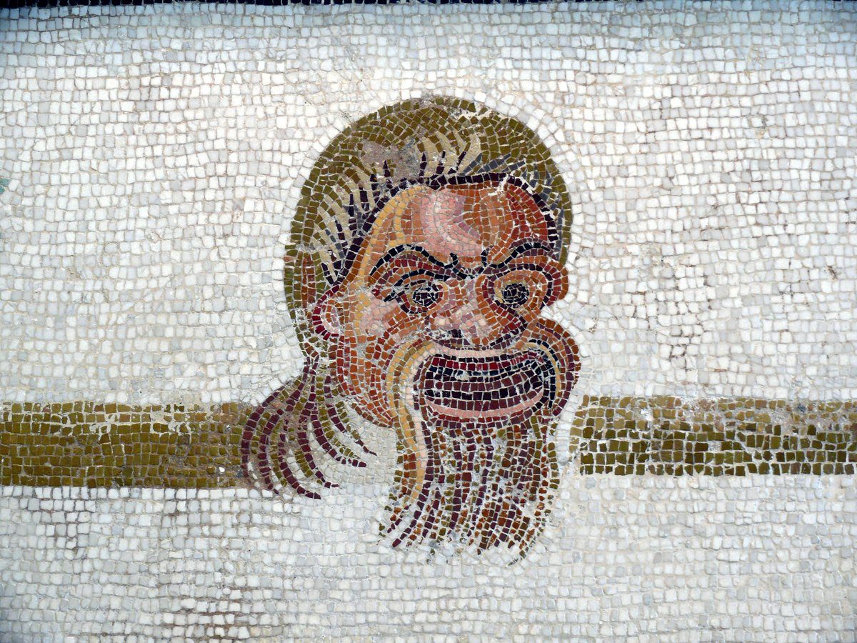 Rzymska mozaika z maskami teatralnymi (Sousse, III w. n.e.) — maska komiczna i tragiczna jako pradawny znak konwencji teatralnej · źródło: Ad Meskens, Wikimedia Commons, CC BY-SA 3.0