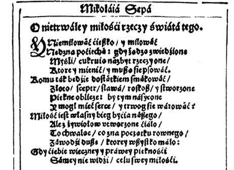 Karta z „Rytmów abo wierszy polskich” Mikołaja Sępa Szarzyńskiego (wyd. 1601) · źródło: Mikołaj Sęp Szarzyński, Wikimedia Commons, domena publiczna