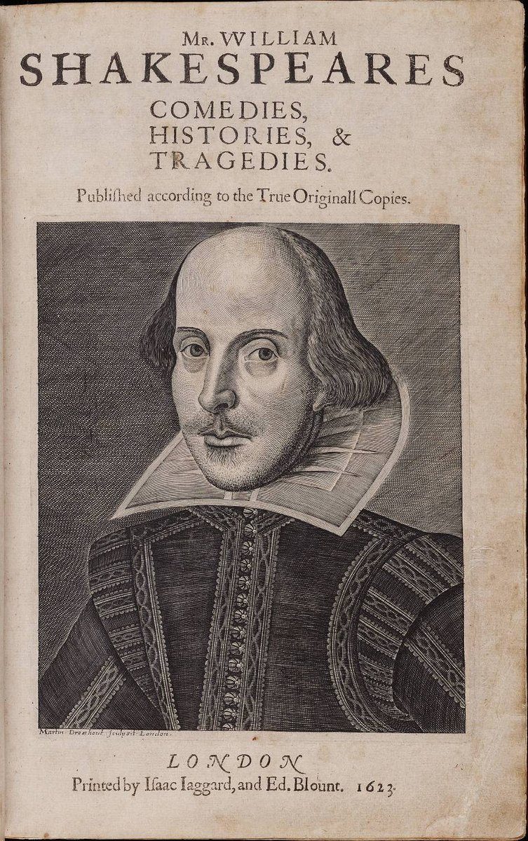 Karta tytułowa First Folio (1623) z portretem Szekspira ryt. M. Droeshouta — pierwsze zbiorowe wydanie dramatów · źródło: Martin Droeshout, Wikimedia Commons, domena publiczna
