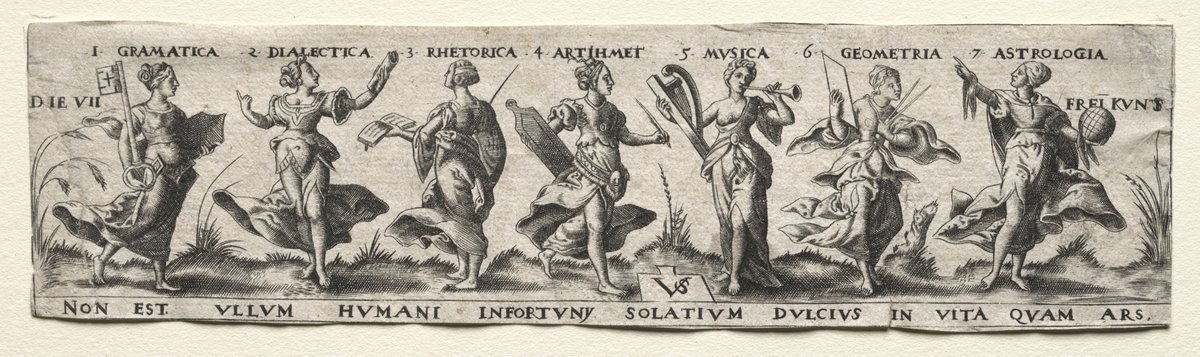Siedem sztuk wyzwolonych — rycina Virgila Solisa (XVI w.) — pośród nich retoryka i dialektyka, antyczne dyscypliny układania i sprawdzania argumentów, z których wyrasta kompozycja rozprawki · źródło: Virgilius Solis, Wikimedia Commons, CC0