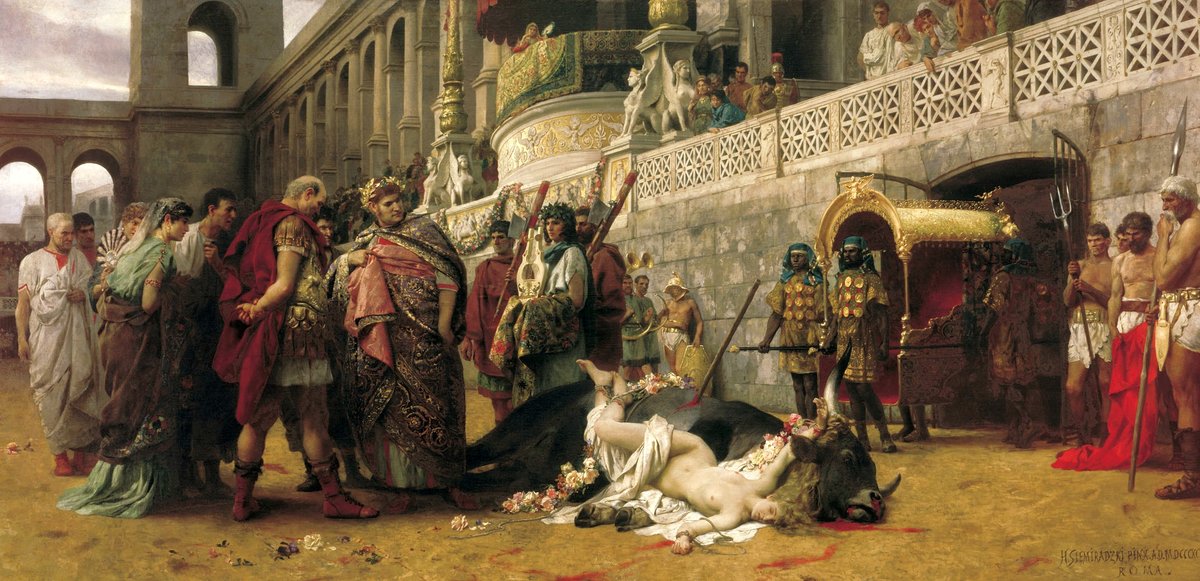 Henryk Siemiradzki, „Dirce chrześcijańska" (1897) — okrucieństwo dworu Nerona, na które estetyzujący Petroniusz patrzy z dystansem · źródło: Henryk Siemiradzki, Wikimedia Commons, domena publiczna