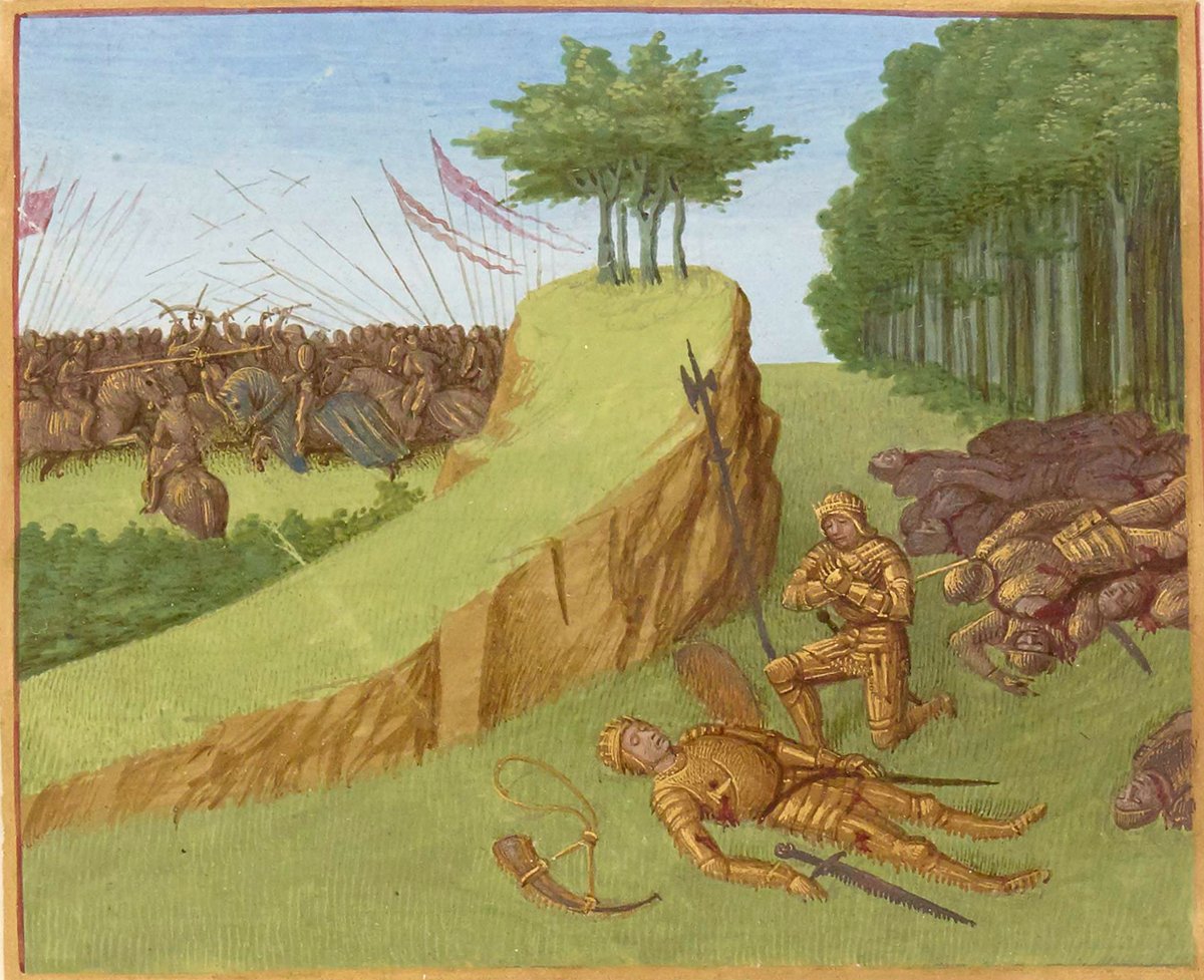 Śmierć Rolanda pod Roncevaux — iluminacja z „Wielkich Kronik Francji”, wzorzec rycerza chrześcijańskiego · źródło: Jean Fouquet, Wikimedia Commons, domena publiczna