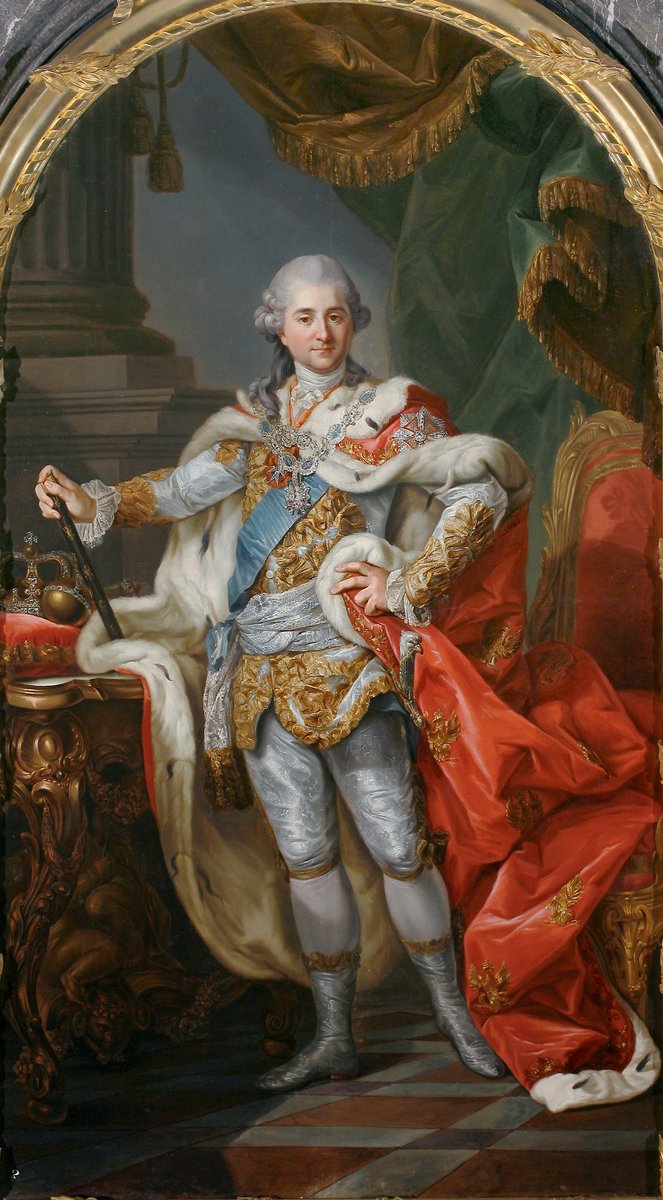 Król Stanisław August Poniatowski w stroju koronacyjnym — mecenas oświecenia, twórca obiadów czwartkowych i patron reform · źródło: Marcello Bacciarelli, Wikimedia Commons, domena publiczna