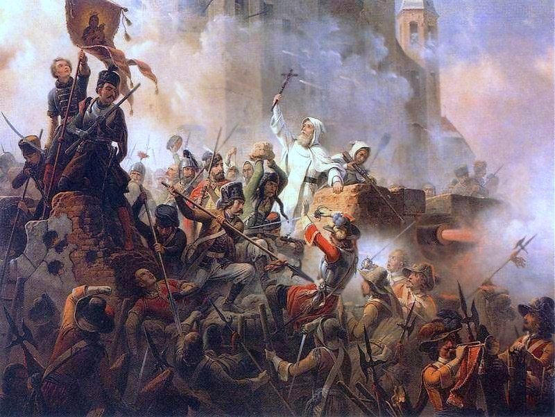January Suchodolski, „Obrona Jasnej Góry 1655" — historyczne tło „Potopu" i odsiecz, którą współtworzy nawrócony Kmicic · źródło: January Suchodolski, Wikimedia Commons, domena publiczna