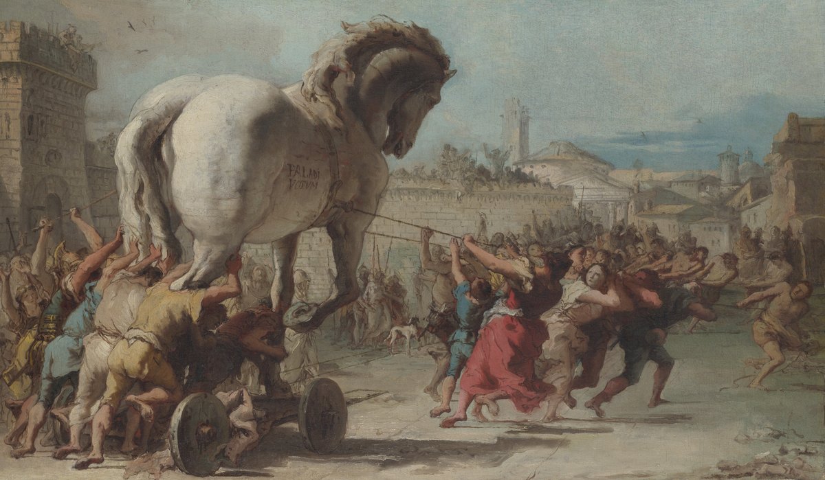Procesja konia trojańskiego (G.D. Tiepolo, ok. 1760) — wojna trojańska, tło „Odprawy posłów greckich” · źródło: Giovanni Domenico Tiepolo, Wikimedia Commons, domena publiczna