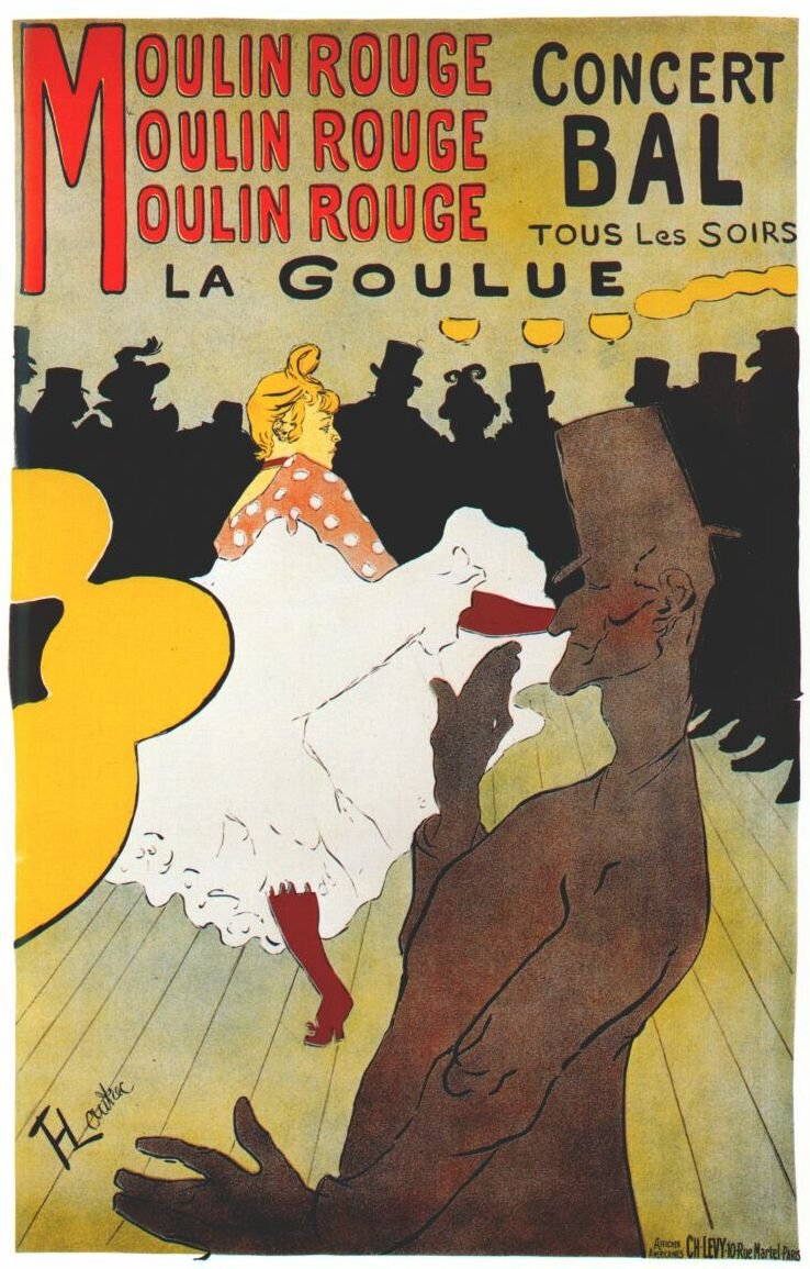 Henri de Toulouse-Lautrec, plakat „Moulin Rouge — La Goulue” (1891) — klasyczny plakat reklamowy sprzedający styl życia, nie usługę · źródło: Henri de Toulouse-Lautrec, Wikimedia Commons, domena publiczna