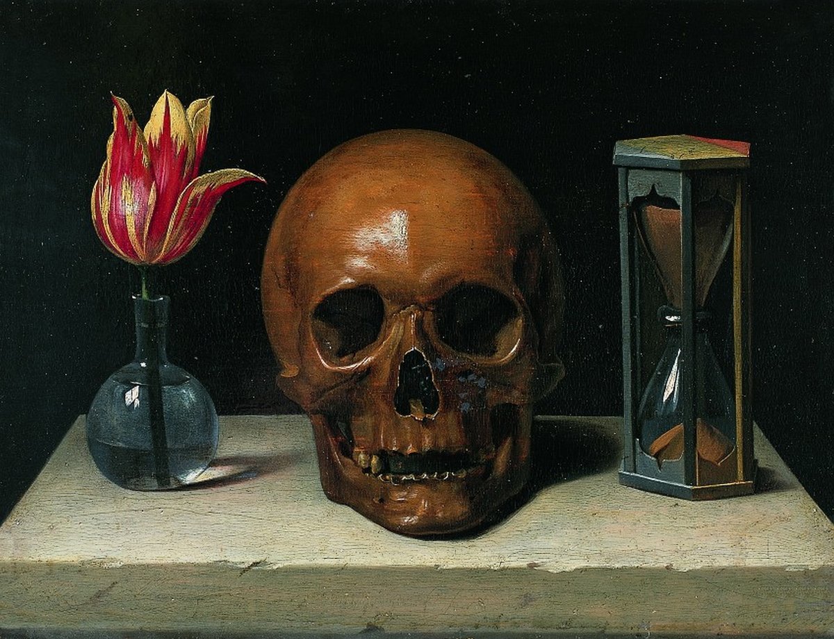 Martwa natura z czaszką (Philippe de Champaigne, ok. 1671): vanitas — kwiat, czaszka i klepsydra jako Życie, Śmierć i Czas; motyw przemijania spokrewniony z carpe diem. · źródło: Philippe de Champaigne, Wikimedia Commons, domena publiczna