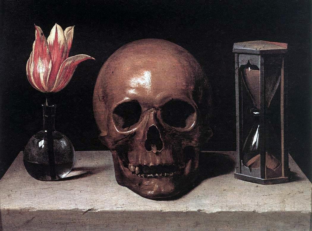 Vanitas z czaszką i klepsydrą — barokowa martwa natura jako obraz marności i przemijania (1646) · źródło: Philippe de Champaigne, Wikimedia Commons, domena publiczna