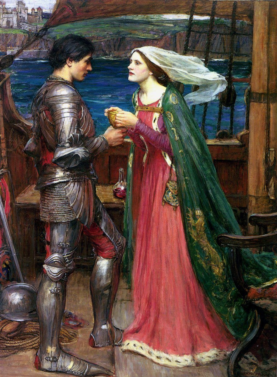 „Tristan i Izolda z napojem miłosnym” Johna Williama Waterhouse’a — miłość dworska jako los, nie wybór · źródło: John William Waterhouse, Wikimedia Commons, domena publiczna