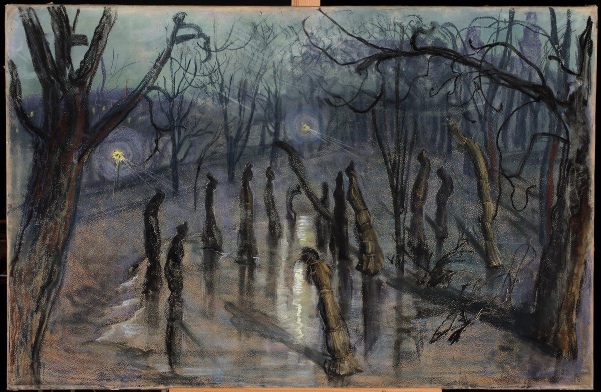 Stanisław Wyspiański „Chochoły” (1898–1899) — słomiane osłony róż na krakowskich Plantach, plastyczne źródło symbolu z „Wesela” · źródło: Stanisław Wyspiański, Wikimedia Commons, domena publiczna