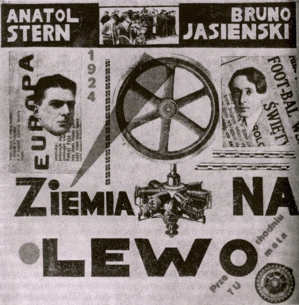 Okładka tomu „Ziemia na lewo” Anatola Sterna i Brunona Jasieńskiego (1924) w projekcie graficznym Mieczysława Szczuki — przykład polskiej awangardy futurystycznej · źródło: Mieczysław Szczuka, Wikimedia Commons, domena publiczna