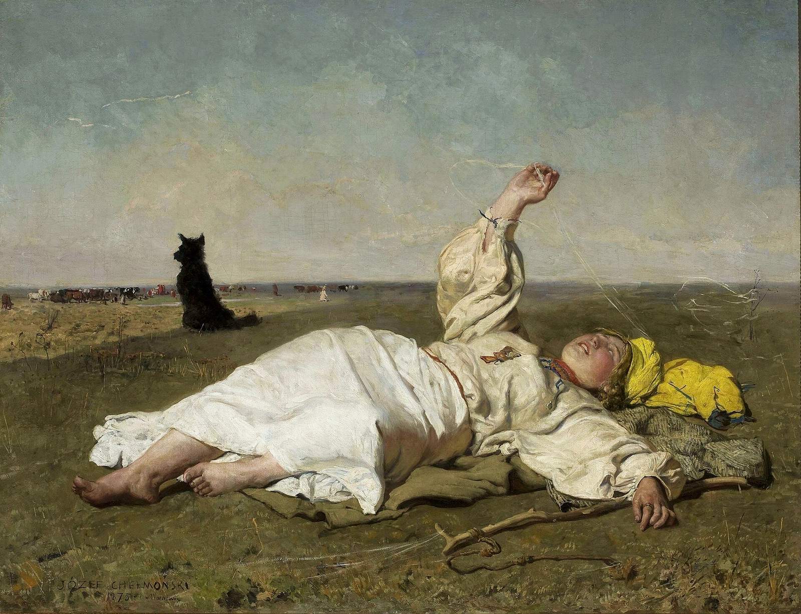 Józef Chełmoński, „Babie lato" (1875) — bosa pastuszka leży na jesiennym pastwisku i wpatruje się w nić babiego lata, którą trzyma w uniesionej dłoni; obok czuwa czarny pies, w głębi pasie się bydło · źródło: Józef Chełmoński, Wikimedia Commons, domena publiczna