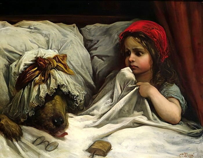 Gustave Doré, ilustracja do „Czerwonego Kapturka" — dziewczynka w czerwonej chustce ze strachem przygląda się „babci", spod czepka której wystaje wilczy pysk · źródło: Gustave Doré, Wikimedia Commons, domena publiczna