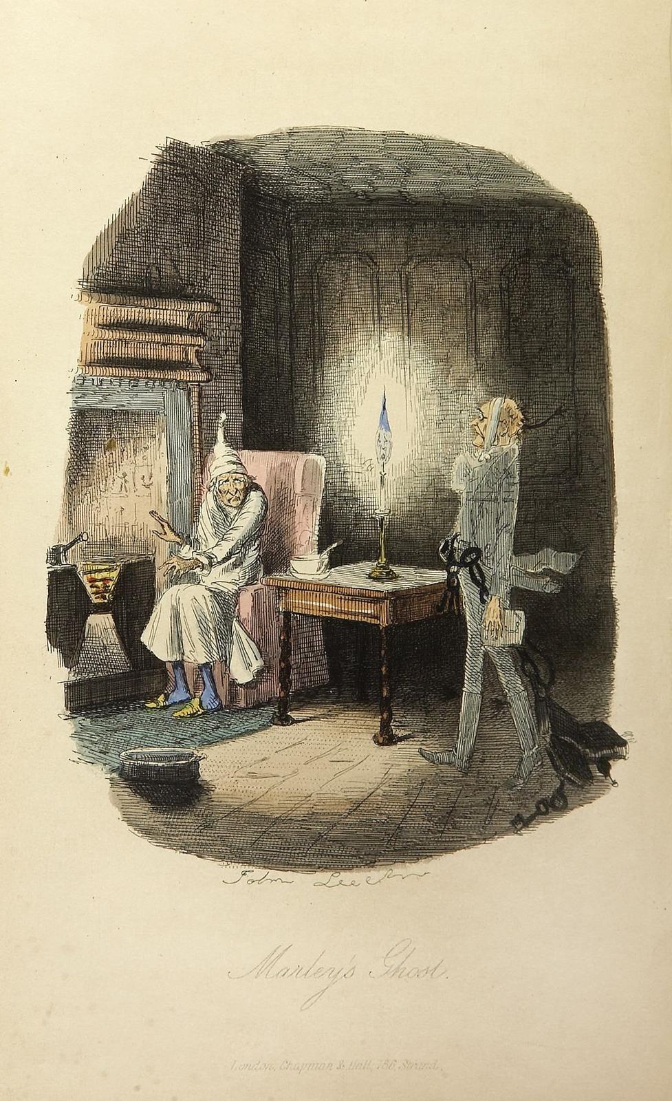 John Leech, „Duch Marleya" — ilustracja z pierwszego wydania „Opowieści wigilijnej" (1843): przerażony Scrooge w szlafmycy i zjawa wspólnika ciągnąca łańcuch z kas i kluczy · źródło: John Leech, Wikimedia Commons, domena publiczna