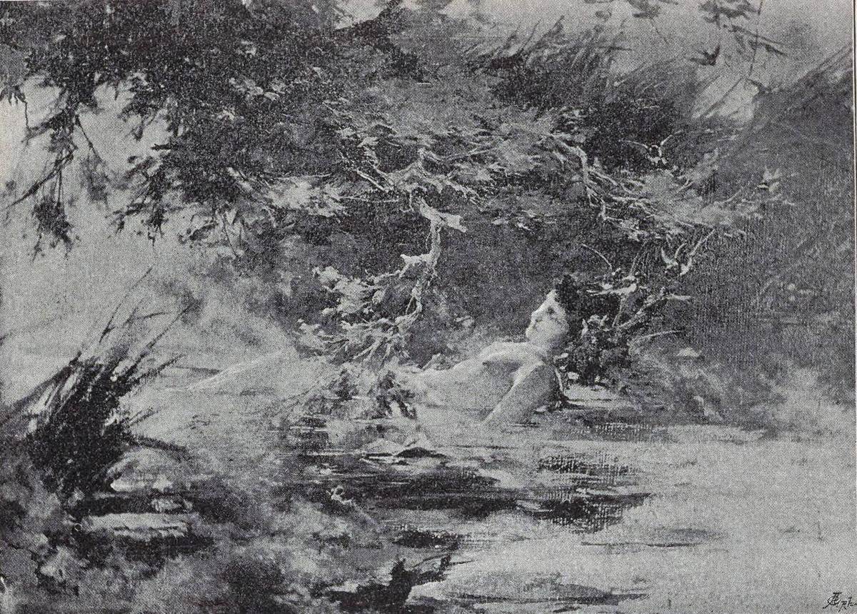 Kazimierz Alchimowicz, „Goplana" (reprodukcja) — nimfa jeziora Gopło spoczywa w toni pod gałęziami; to jej kaprysy wprawią w ruch ludzką tragedię · źródło: Kazimierz Alchimowicz, Wikimedia Commons, domena publiczna