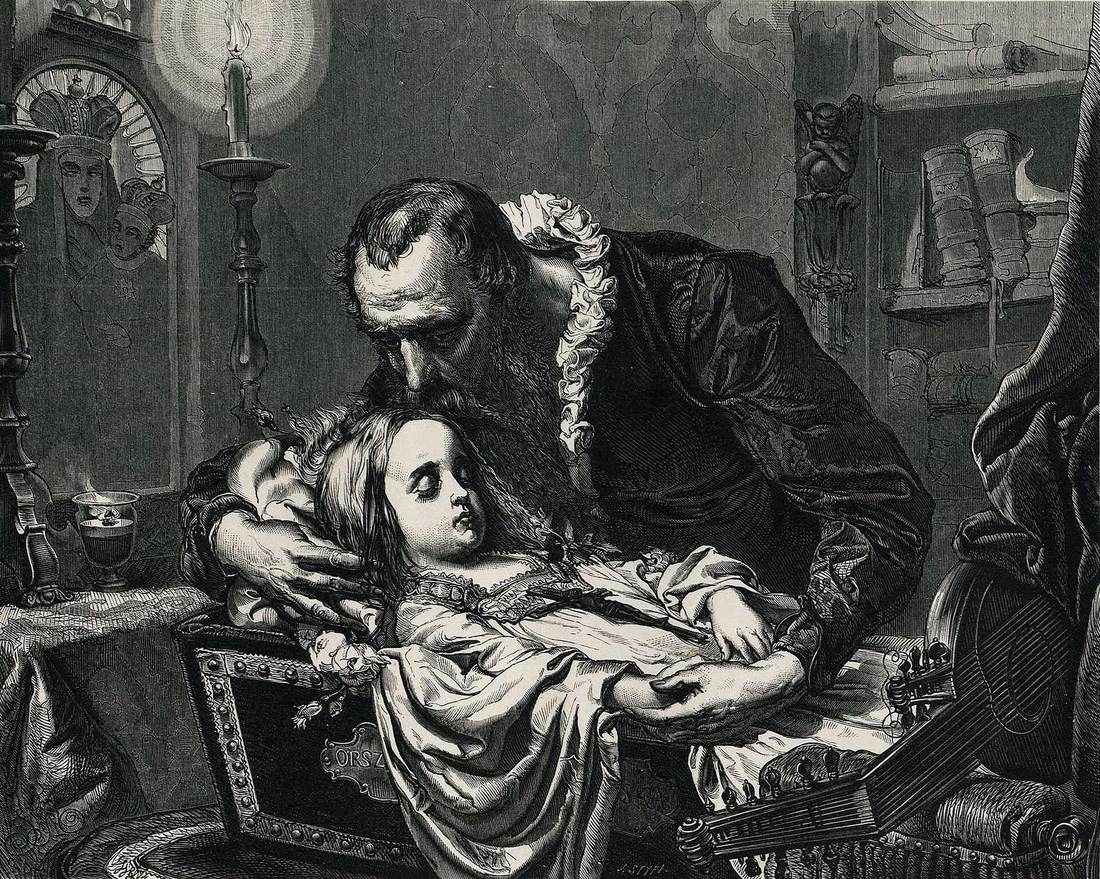 Jan Kochanowski nad zwłokami Urszulki — rycina według obrazu Jana Matejki (1862). Ojciec pochyla się nad córką; na skrzyni widać napis „ORSZ…", obok leży lutnia — znak, że patrzymy na poetę · źródło: Jan Matejko (rycina wg obrazu), Wikimedia Commons, domena publiczna