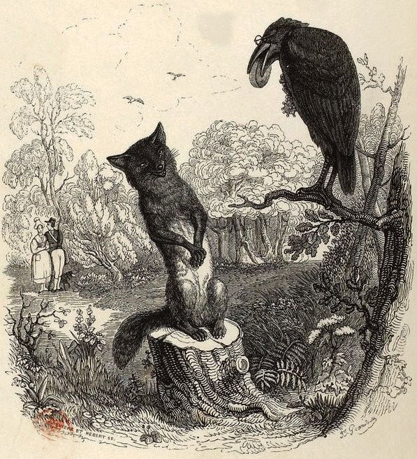 Lis i kruk z serem — ilustracja Grandville'a do bajki La Fontaine'a o kruku i lisie: tej samej ezopowej historii, którą po polsku opowiedział Krasicki · źródło: J.J. Grandville, Wikimedia Commons, domena publiczna