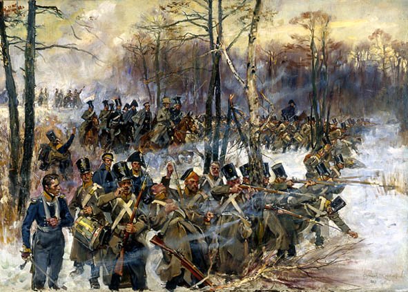 Wojciech Kossak, „Olszynka Grochowska" — piechota powstania listopadowego w zimowym lesie. Tak wyglądały bitwy tej wojny: rogatywki, bagnety, dym i przewaga wroga · źródło: Wojciech Kossak, Wikimedia Commons, domena publiczna