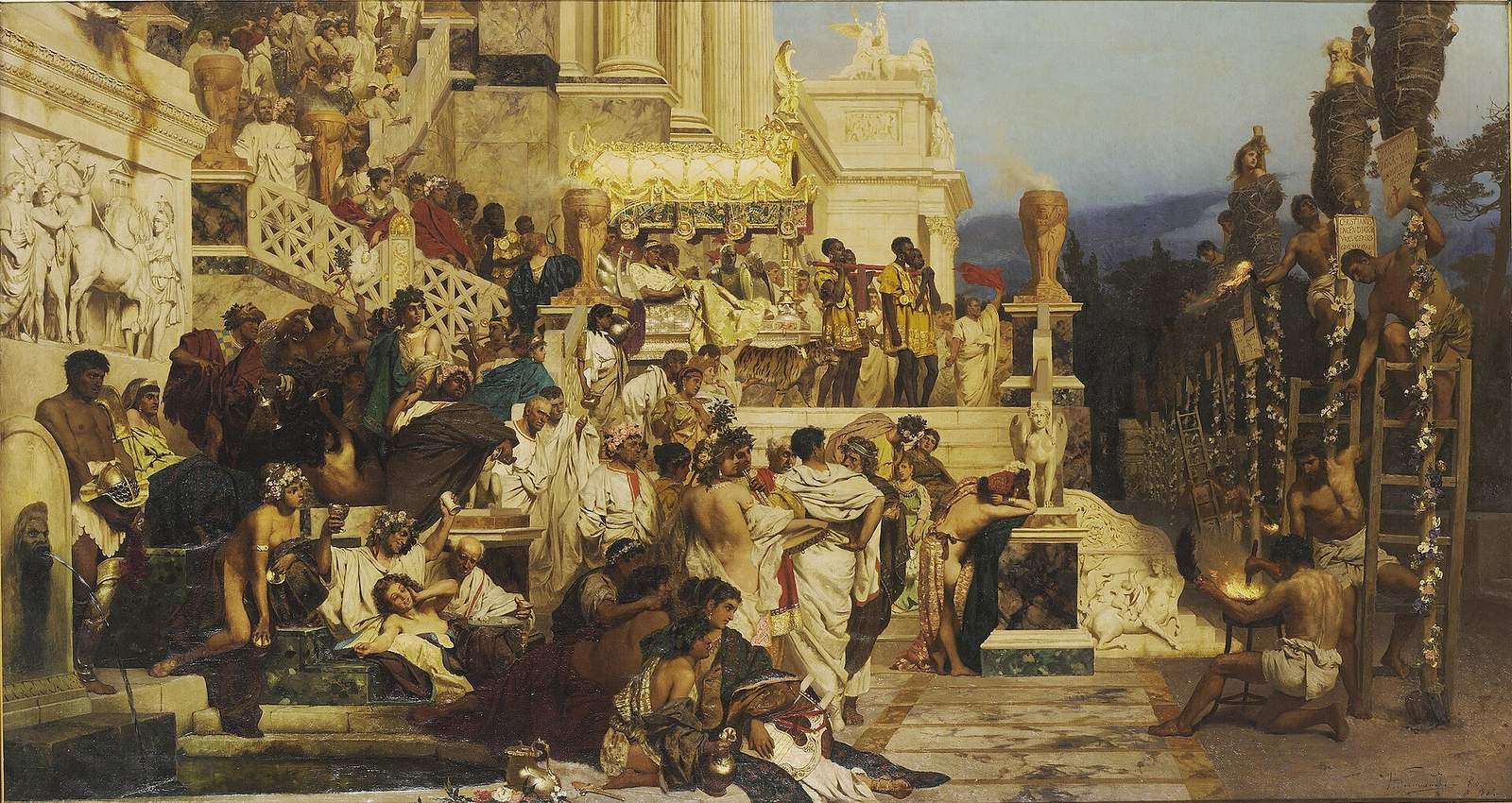 Henryk Siemiradzki, „Pochodnie Nerona" — dwór cezara zebrany na widowisko: po prawej chrześcijanie przywiązani do słupów za chwilę staną się żywymi pochodniami. Obraz namalowany dekadę przed „Quo vadis" pokazuje dokładnie ten Rzym, o którym pisał Sienkiewicz · źródło: Henryk Siemiradzki, Wikimedia Commons, domena publiczna