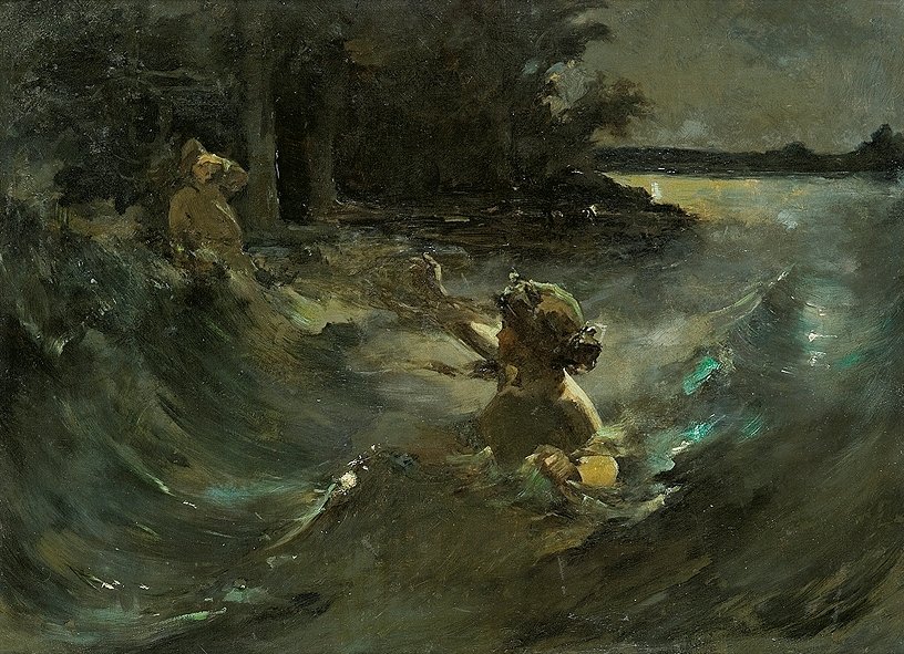 Kazimierz Alchimowicz, „Świtezianka" — nocne jezioro, wzburzona toń i wyłaniająca się z niej nimfa; na brzegu, pod drzewami, zauroczony strzelec · źródło: Kazimierz Alchimowicz, Wikimedia Commons, domena publiczna